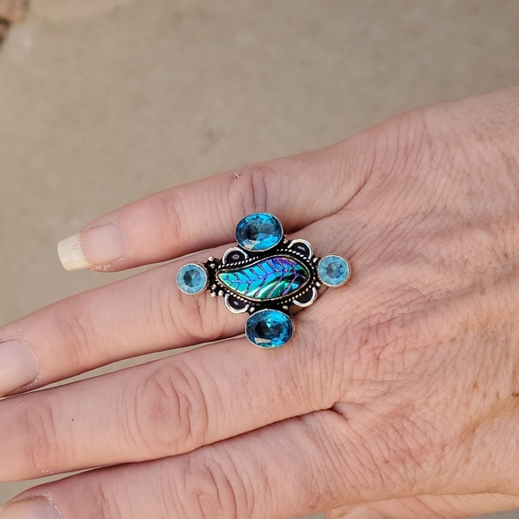 New Carved Rainbow Hematite and Blue Topaz 925 Silver Ring. - Picture 3 of 5